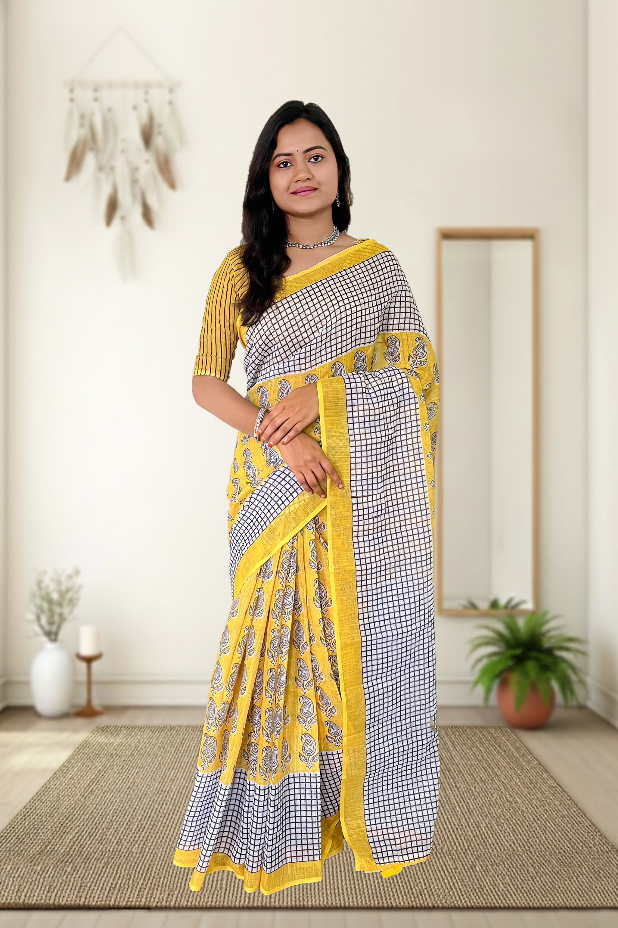 Yellow  Floral Checked Saree
