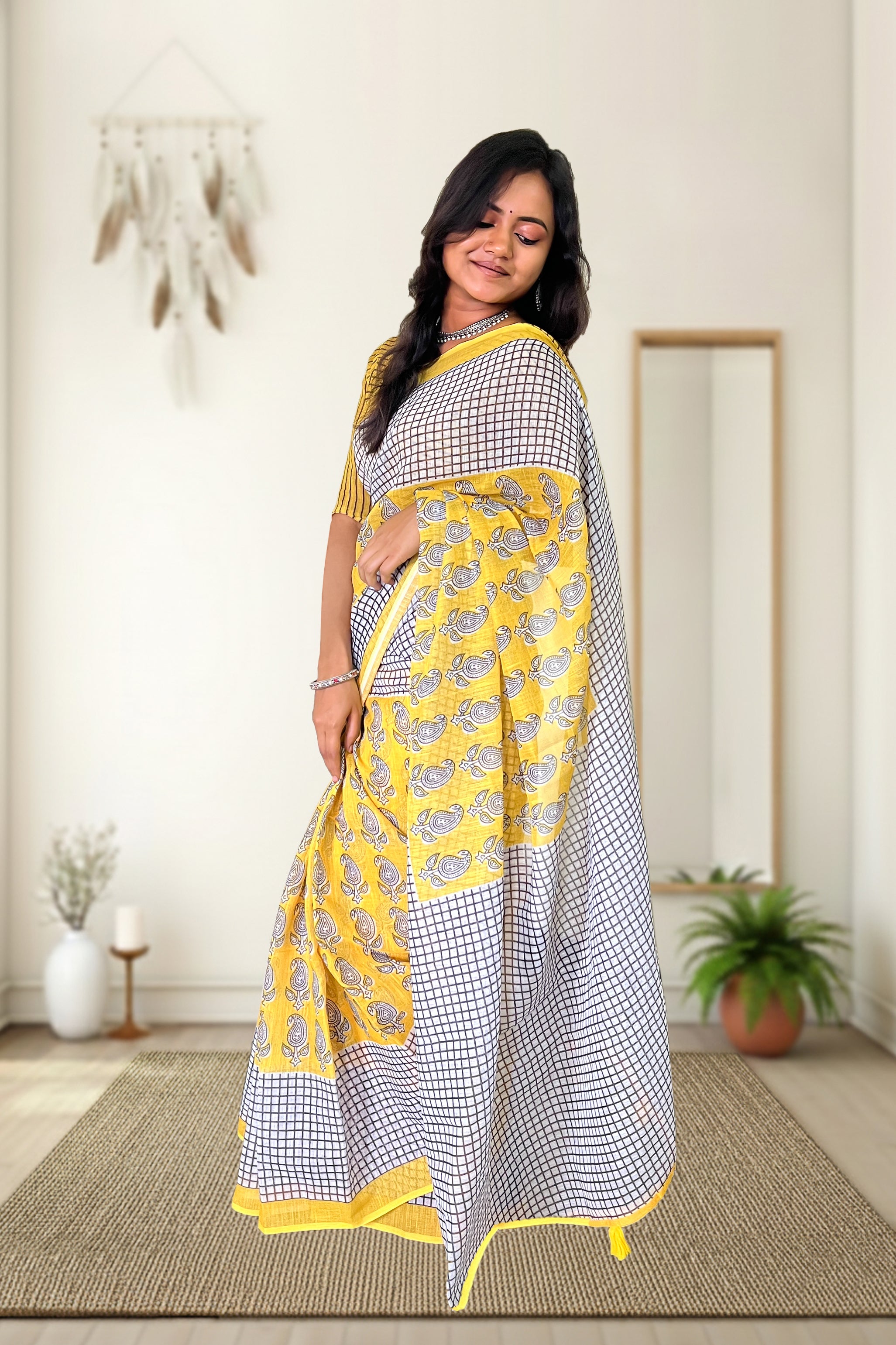 Yellow  Floral Checked Saree