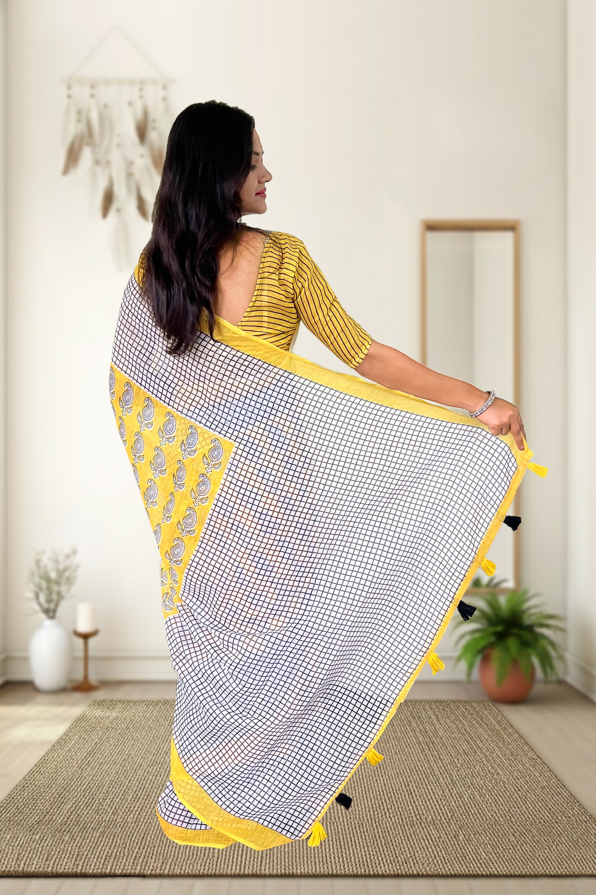 Yellow  Floral Checked Saree